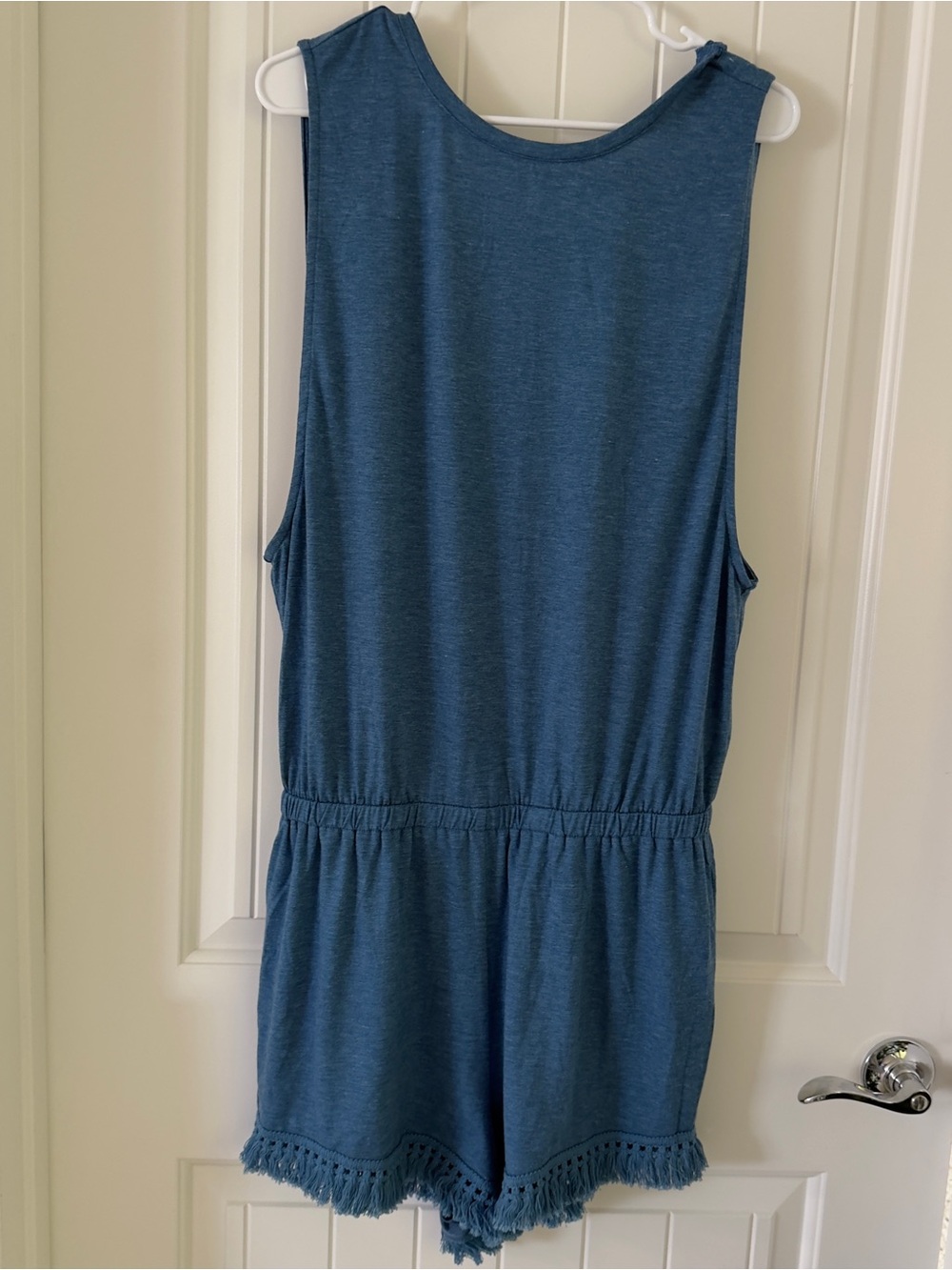Blue Women's Sleeveless Romper with Fringe Hem